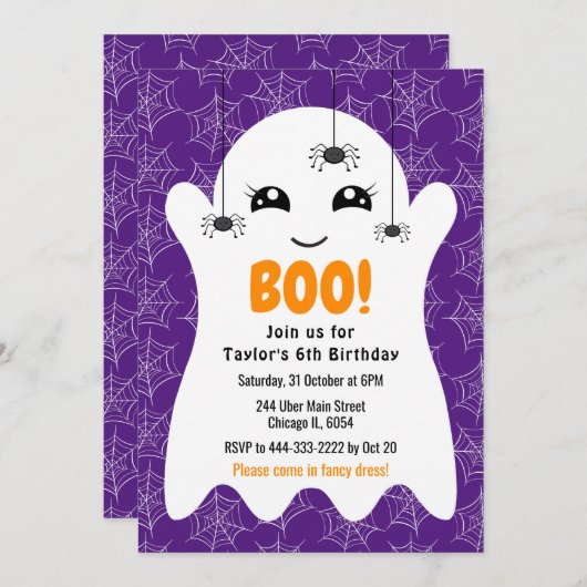 Boo Ghost Halloween Birthday Costume Party Purple 招待状 (正面/裏面)