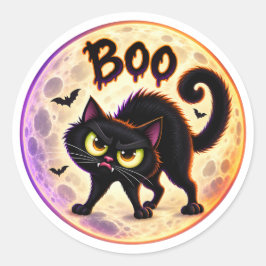 Boo! Grumpy Black Cat and Full Moon Halloween ラウンドシール