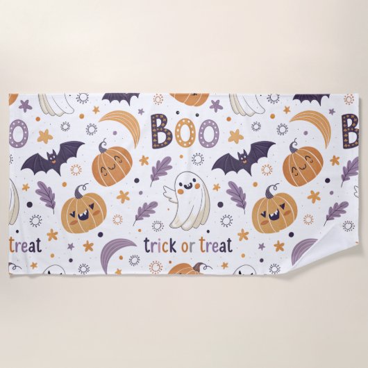 Boo Halloween Beach Towel – Cute Ghost & Pumpkin ビーチタオル (正面)