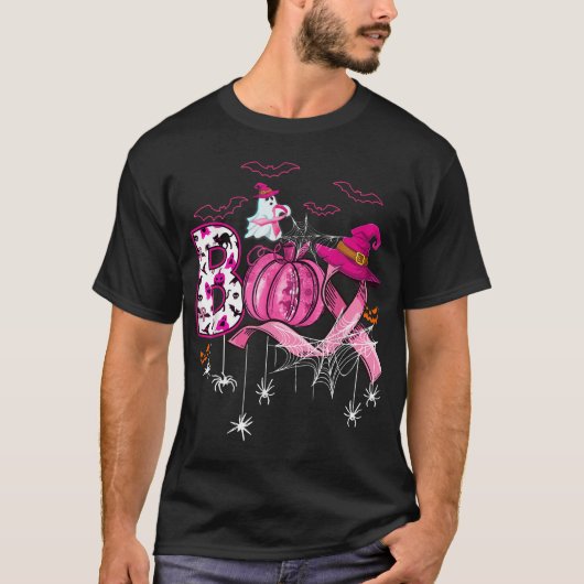 Boo Halloween Pumpkin Pink Ribbon Witch Breast  Tシャツ (正面)