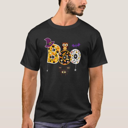 Boo Halloween With Spiders And Witch Hat Owl Boys  Tシャツ (正面)