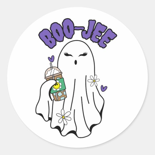 Boo-Jeeアイスコーヒーと可愛いハロウィーン幽霊 ラウンドシール (正面)