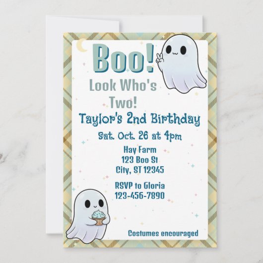 Boo, Look Who's Two, Ghost 2nd Birthday 招待状 (正面)