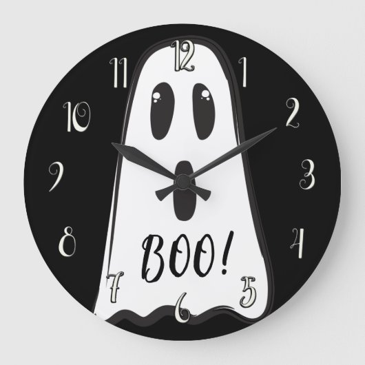 BOO! Spooky Cute Ghost Halloween Black White ラージ壁時計 (正面)