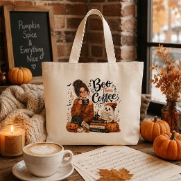 Boo Then Coffee ハロウィンの音楽教師 ラージトートバッグ
