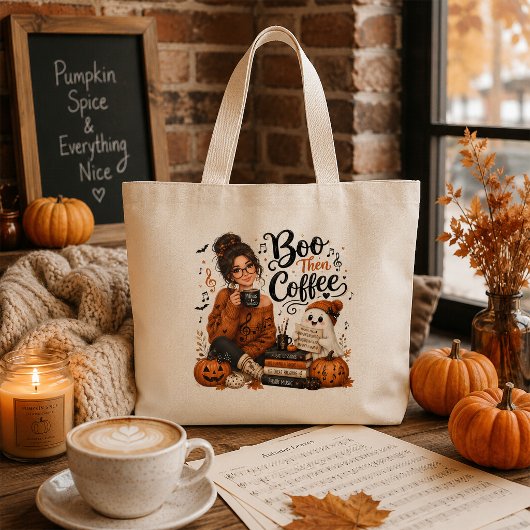 Boo Then Coffee ハロウィンの音楽教師 ラージトートバッグ