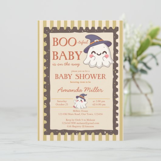 Boo-tiful ghost retro stamp Halloween baby shower 招待状 (スタンド正面)