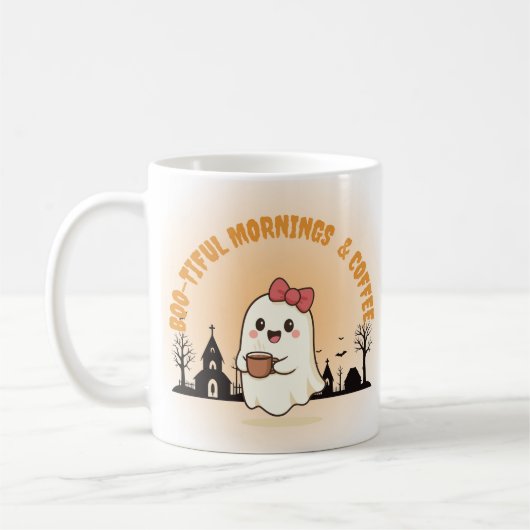 "Boo-tiful Mornings & Coffee" かわいいおばけのハロウィン コーヒーマグカップ (左)
