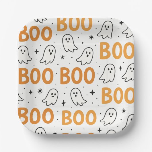 BOO Typography Playful White Ghosts Halloween  ペーパープレート (正面)