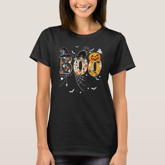Boo With Spiders And Witch Hat Black Cat Pumpkin H Tシャツ (正面)