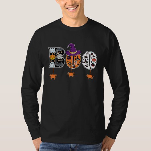 Boo With Spiders And Witch Hat Halloween Tシャツ (正面)