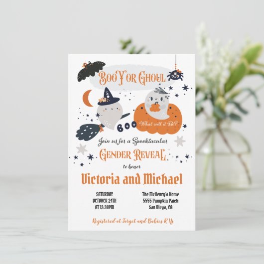 Boo YまたはGhoulハロウィンジェンダーが赤ちゃんシャワーを明らかにする 招待状 (スタンド正面)