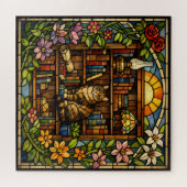 Book and Cat Lovers Faux Stain Glass ジグソーパズル (横)