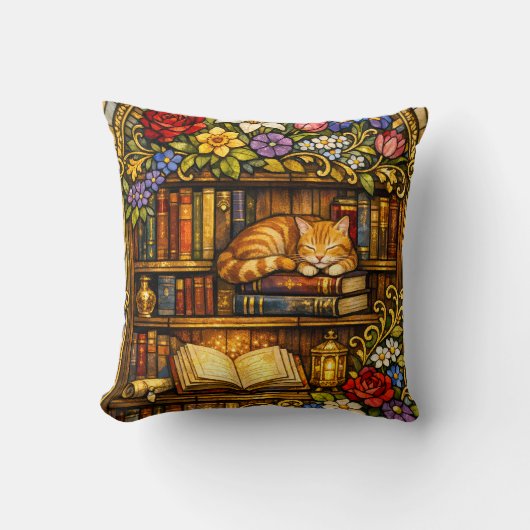 Book and Sleeping Cat Lovers Faux Stain Glass クッション (正面)