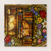 Book and Sleeping Cat Lovers Faux Stain Glass ジグソーパズル (横)