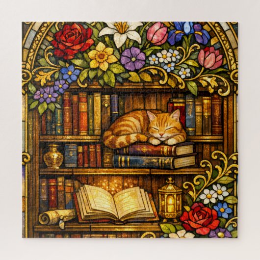 Book and Sleeping Cat Lovers Faux Stain Glass ジグソーパズル (縦)