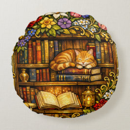 Book and Sleeping Cat Lovers Faux Stain Glass ラウンドクッション