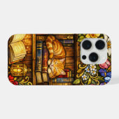 Book and Sleeping Cat Lovers Faux Stain Glass iPhoneケース (裏面横)