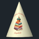 Book Birthday Party Kids 読's パーティーハット<br><div class="desc">大好きな子供のために本の誕生日パーティーを投げ読ろ！上にカップケーキを置いたかわいい本のスタックは、図書館や書店で本テーマの誕生日パーティーを見つけるのにかわいい！</div>