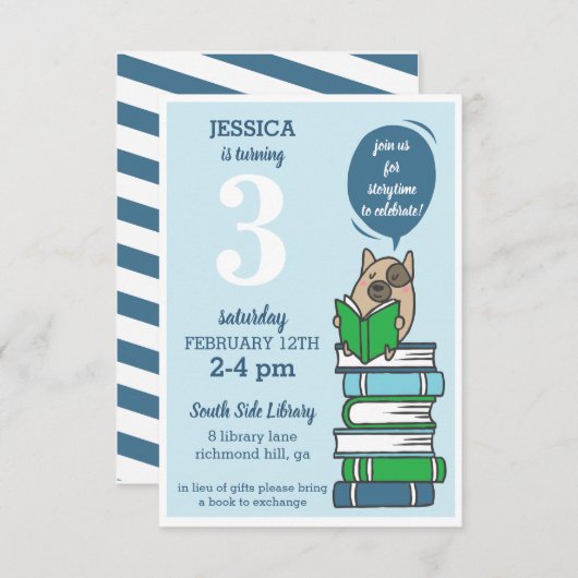 Book Birthday Party Libraryの読招待状 招待状 (正面/裏面)