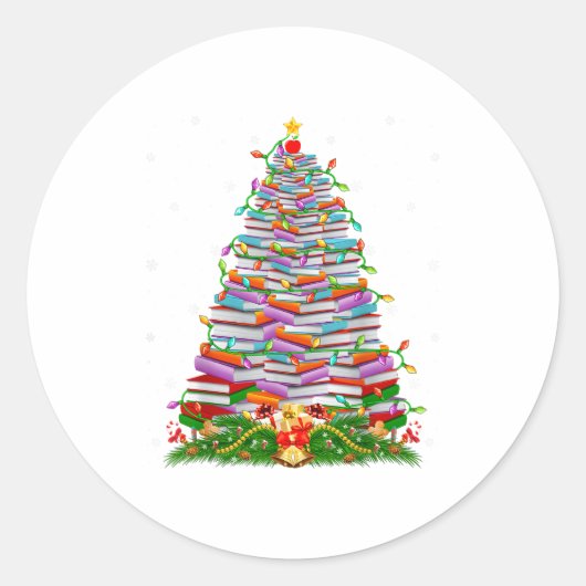 Book Christmas Tree Lights Book Lover Teacher Libr ラウンドシール (正面)