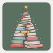 Book Christmas Tree Retro Bookworm Library スクエアシール (正面)