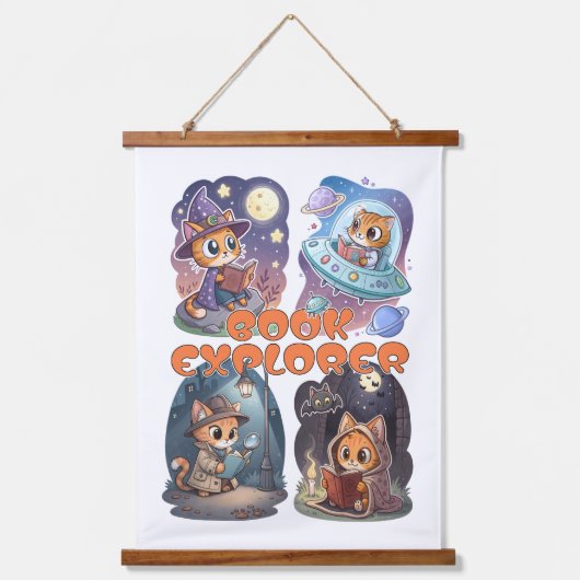 Book Explorer – Cute Cat Reading Adventure 吊り下げ型タペストリー (正面)