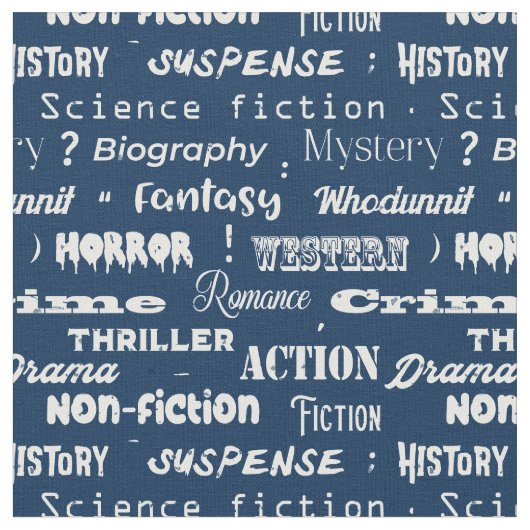 Book Genres Typographic Librarian Blue White ファブリック (クローズアップ)
