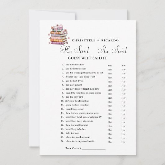 Book   He said she said Bridal shower game card 案内状 (正面)