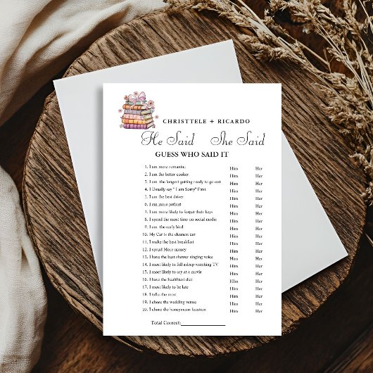 Book   He said she said Bridal shower game card 案内状