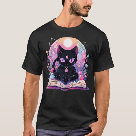 Book Lover Crystal Witchy Cute Black Cat Kawaii Pa Tシャツ (正面)