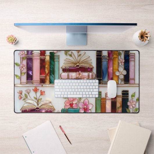 Book Lover Desk Mat | Floral Bookshelf Mouse Pad デスクマット (オフィス1)