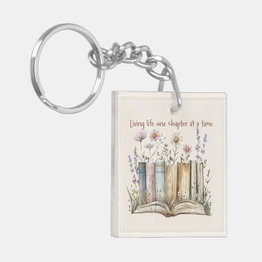 Book Lover Gift with Floral and Book Stack Design キーホルダー (正面左)