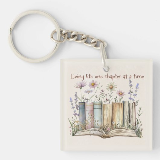 Book Lover Gift with Floral and Book Stack Design キーホルダー (正面)