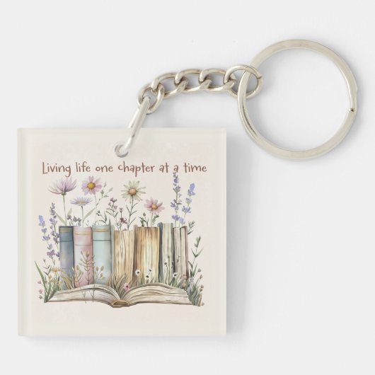Book Lover Gift with Floral and Book Stack Design キーホルダー (裏面)