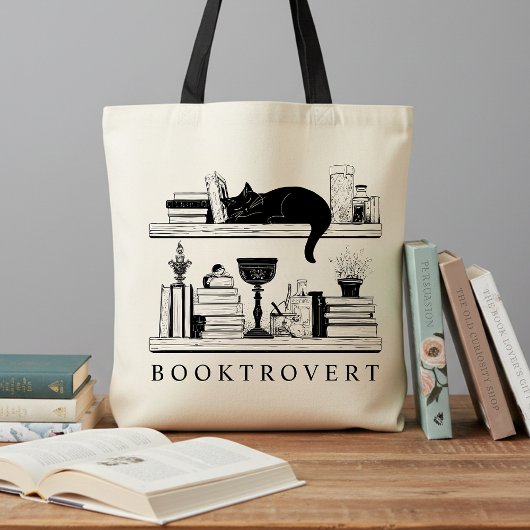 Book Lover's Booktrovert Black Cat トートバッグ