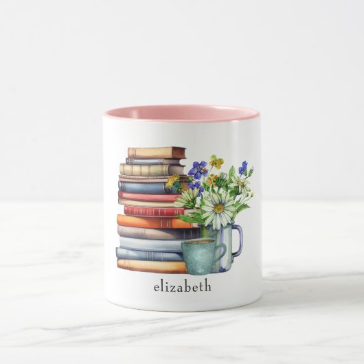 Book Lover's Watercolor Floral Bookstack Custom マグカップ (中央)