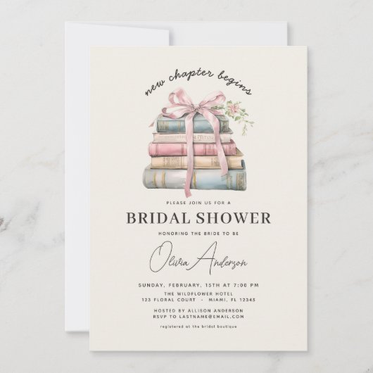 Book New Chapter Begins Pink Bow Bridal Shower 招待状 (正面)