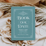 Book Our Date Muted Aquaヴィンテージカバー結婚s セーブザデート<br><div class="desc">本の恋人のための日付カードを保存するユニークこの結婚式は、ヴィンテージの表紙のデザインを特徴結婚とし、スクロールと"私たちの日付"のタイトル、作家としての新郎新婦の名前、ミュートされたアクアブルーの背景/本の色（変更することができる）は、カップルの婚約の写真をバックに完了。</div>