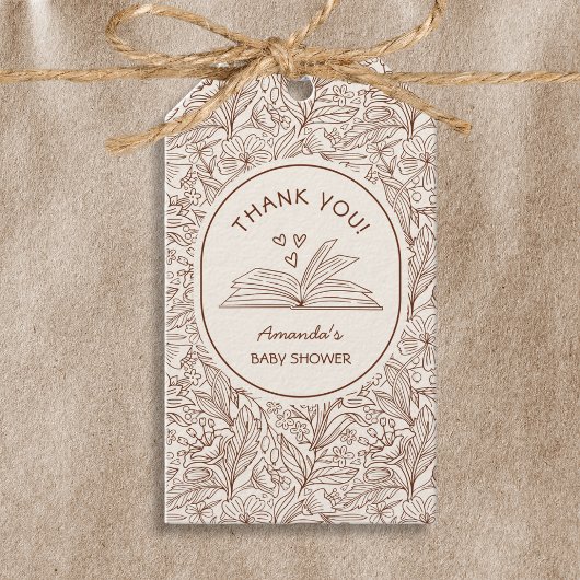 Book Theme Brown Floral Literary Baby Shower ギフトタグ