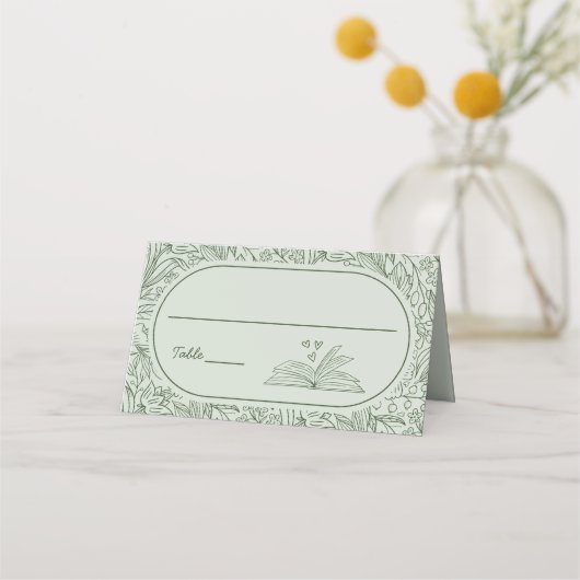Book Theme Floral Sage Green Bridal Shower プレイスカード (正面)