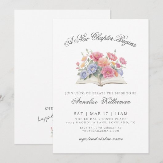 Book Watercolor Floral Bridal Shower 招待状 (正面/裏面)