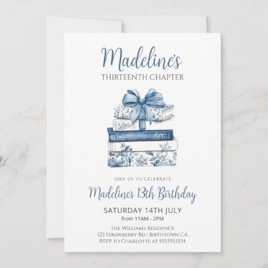 Book with blue bow Girl Birthday 招待状 (正面)