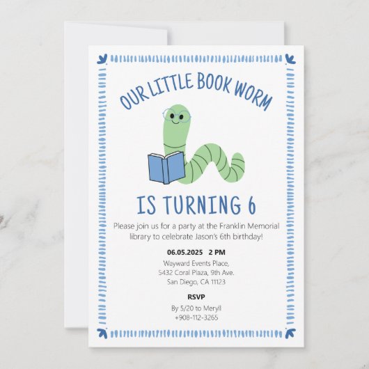 Book Worm Reading Lover Birthday Party Invite 招待状 (正面)