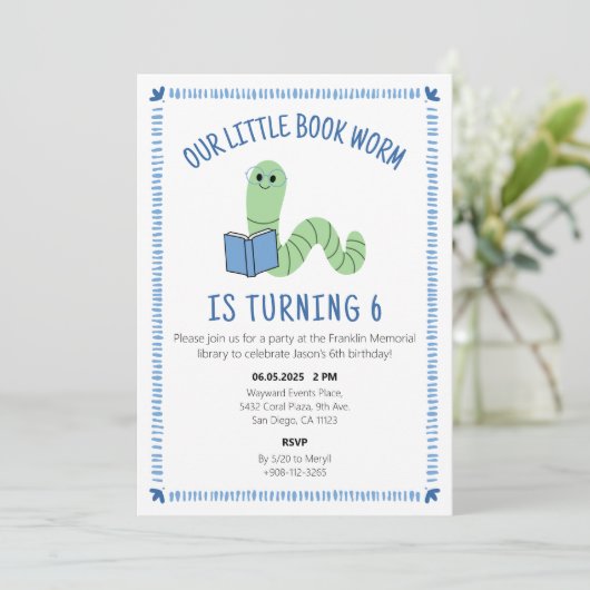Book Worm Reading Lover Birthday Party Invite 招待状 (スタンド正面)