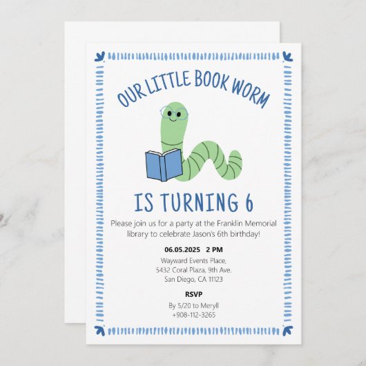 Book Worm Reading Lover Birthday Party Invite 招待状 (正面/裏面)
