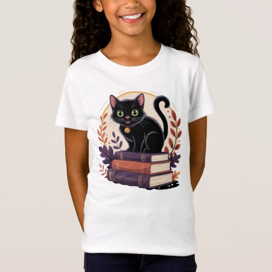 Bookish Black Cat – 子供のTシャツ Tシャツ (正面)