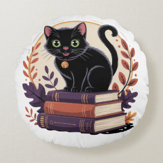 Bookish Black Cat – 子供用枕 ラウンドクッション