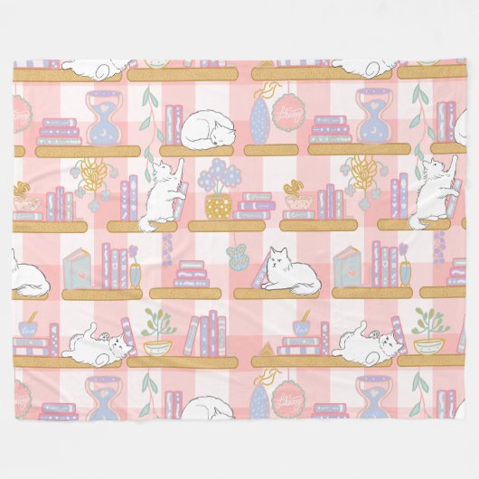 Bookish Cat Gift Pink Pastel フリースブランケット (正面(横))