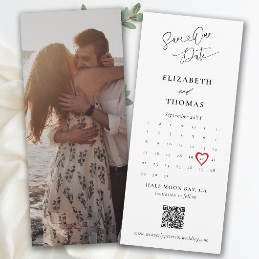 Bookmark Calendar Heart Modern Calligraphy Wedding セーブザデート